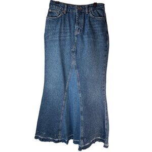 Zara Denim Maxi Skirt XS High Waist Distressed Hem Blue